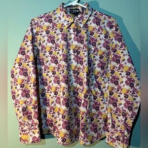 Eddie Bauer Cream Long-Sleeve Button-Down w Burgundy & Yellow Floral Print - SzM